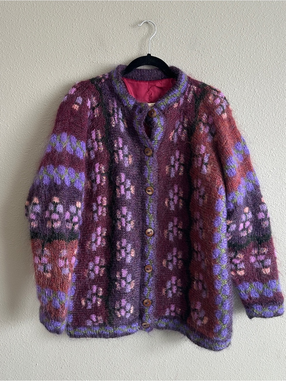 Vintage Blarney Purple Mohair Wool Floral Knit Button Cardigan Coat Medium